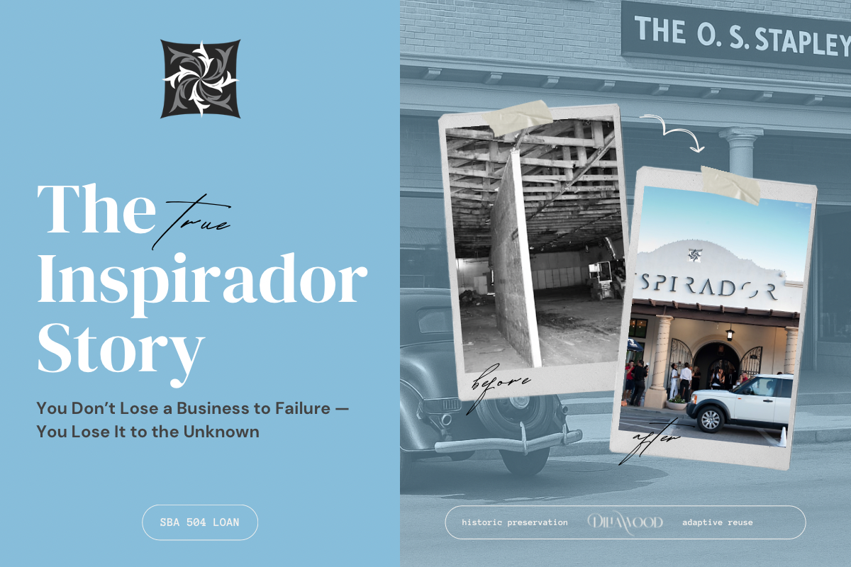 Before-and-after photos of the O.S. Stapley Hardware Store restored into Inspirador through SBA 504 financing in Chandler, AZ.