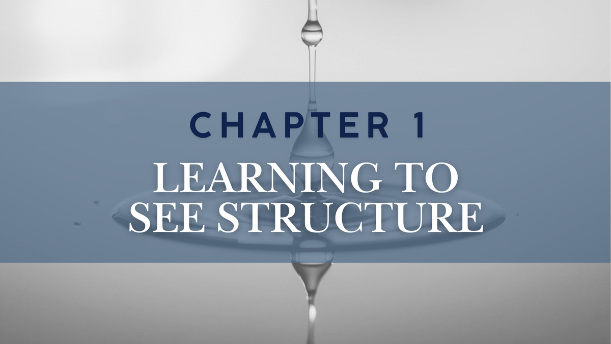 Black and white image of water droplet. "Chapter 1: Learning to See Structu