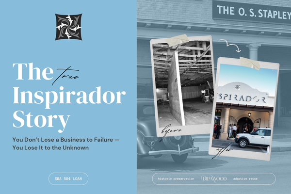 Before-and-after photos of the O.S. Stapley Hardware Store restored into Inspirador through SBA 504 financing in Chandler, AZ.